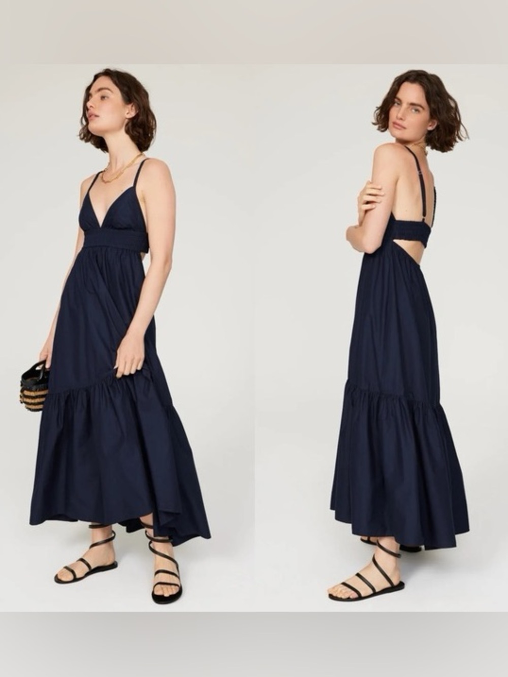 A.L.C. Rhodes Navy Poplin Sleeveless V-Neck Smocked Tiered Maxi Dress Size 6